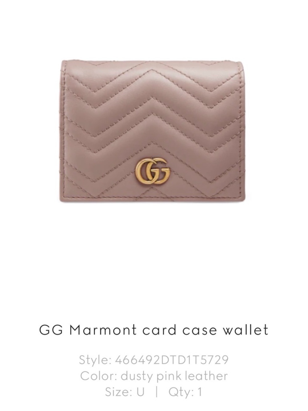 Gucci GG Marmont Quilted Dusty Pink Card Case with Gold Hardware